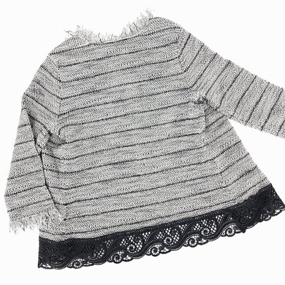 Chico's EUC Women's 0 Black White Laced Fringe Cardigan Cotton Blend Tweed - Picture 6 of 11